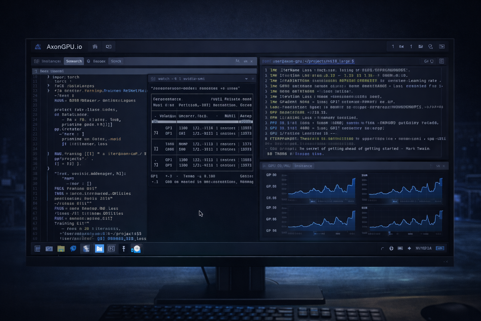Linux-based desktop showing GPU monitoring and scientific tools