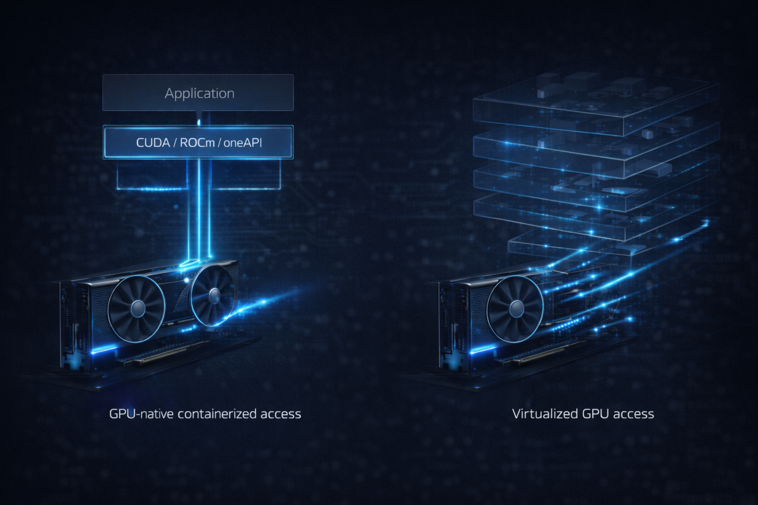 Side-by-side comparison: GPU-native containerized access with direct driver passthrough (left) versus virtualized/emulated GPU access with VM/vGPU overhead (right)