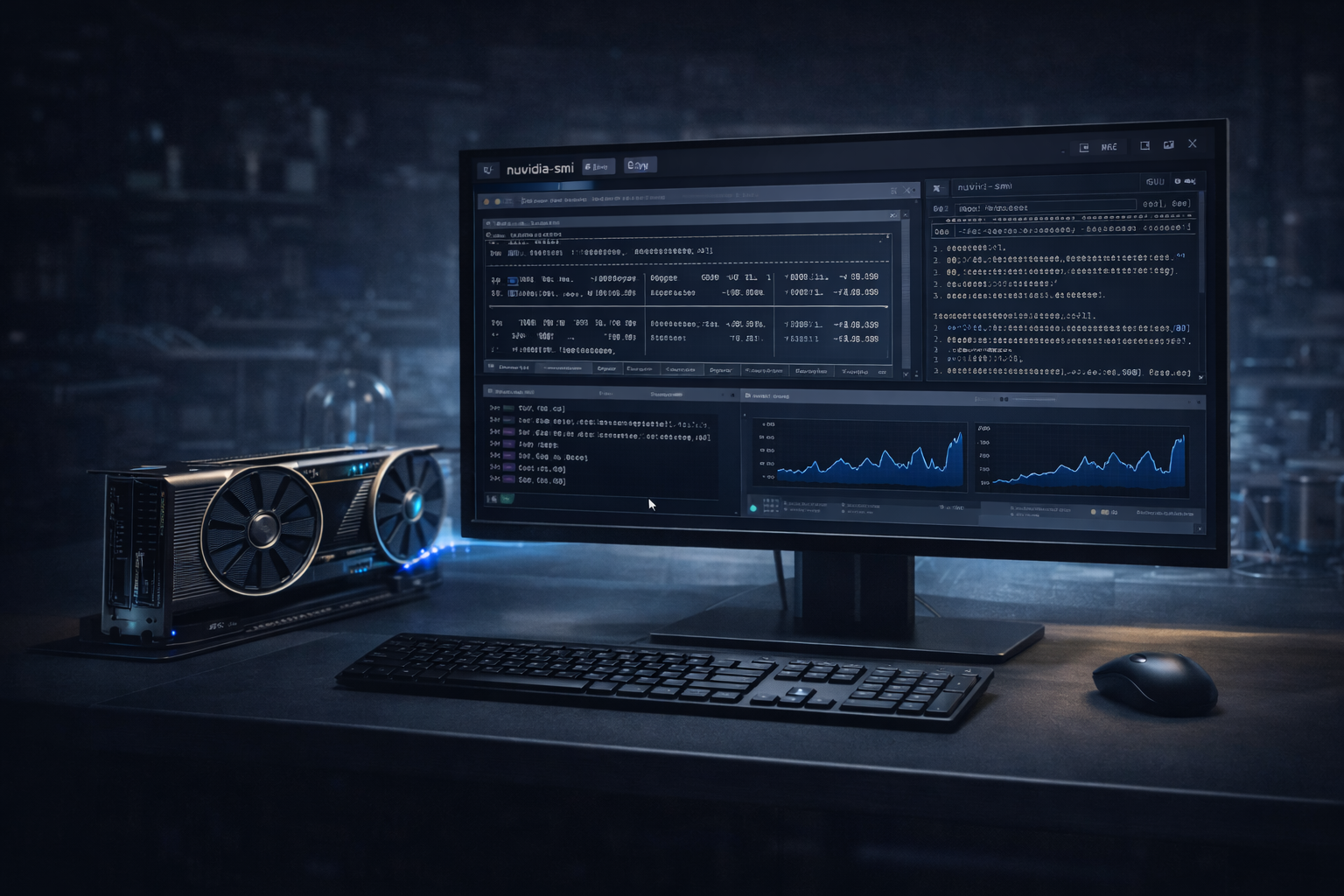 AxonGPU workstation with GPU metrics on a Linux-based desktop